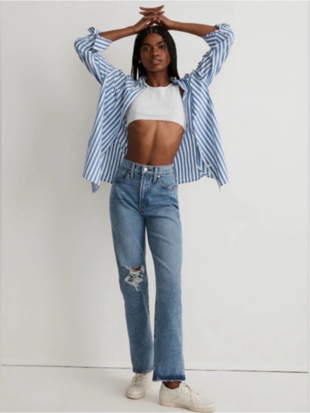 Madewell Light Blue High-Rise Straight Leg Jeans with Knee Rip